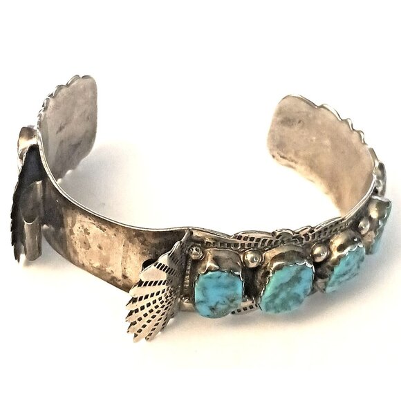 Vntg Signed Zuni 9pc Turquoise Watch Cuff Sterling 59g  (1585) - Picture 12 of 16